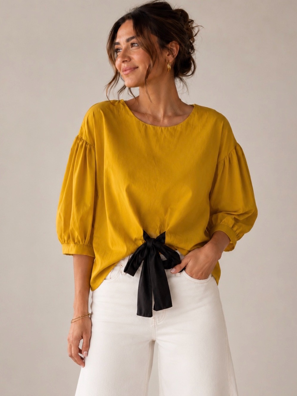 Alythea Mustard Tie Front Top Black Bow Puff Sleeve Cotton S/M